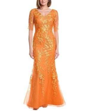 Rene Ruiz V-Neck Elbow Sleeves Trumpet Gown - Orange