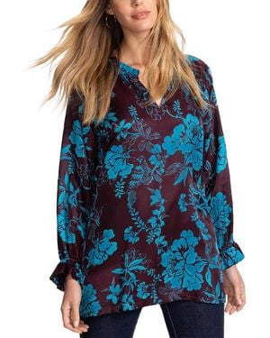 Johnny Was Ruffle Field Silk-Blend Tunic Blouse - Blue