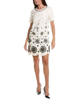 Oscar de la Renta Embellished Stretch Silk-Lined Wool-Blend Shift Dress - White