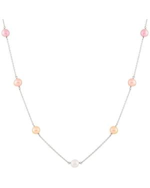 Splendid Rhodium Plated 7-8mm Freshwater Pearl Tin Cup Necklace - Natural