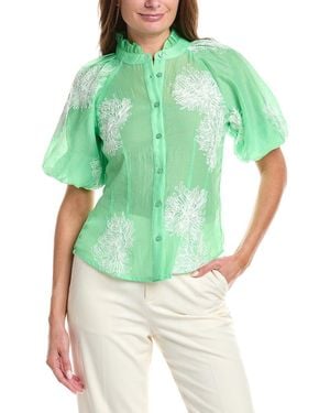 Gracia Puff Sleeve Embroidered Organza Top - Green