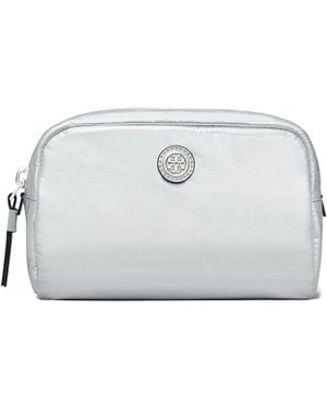 Tory Burch Virginia Metallic Curved Nylon & Leather Cosmetic Case - Grey