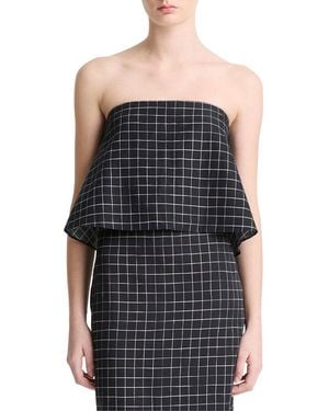 Vince Linen-Blend Trellis Plaid Tie Top - Black