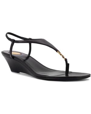 Saint Laurent Cassandre Wedge Leather Thong Sandal - Black