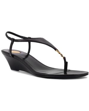 Saint Laurent Cassandre Wedge Leather Thong Sandal - Black