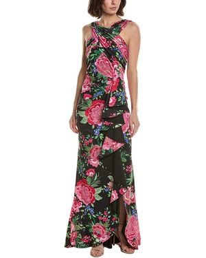 Tadashi Shoji Elarra Floral Waterfall Flounce Gown - Red