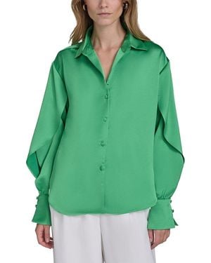 Halston Ruffle Sleeve V-Neck Blouse - Green