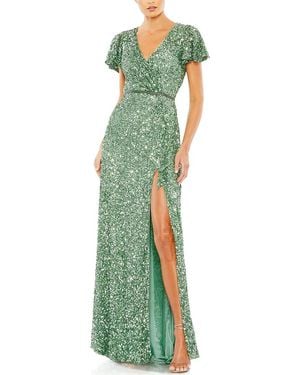 Mac Duggal Sequined Wrap Over Butterfly Sleeve Draped Gown - Green