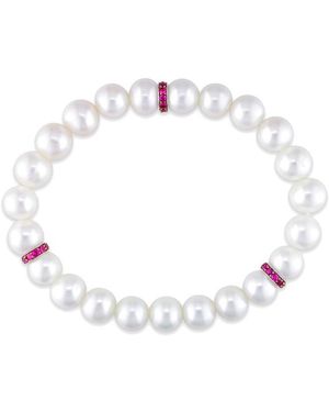 Pearls 14K 1.00 Ct. Tw. Sapphire & 10Mm Freshwater Pearl Stretch Bracelet - White