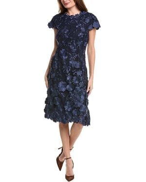 Teri Jon 3D Applique Floral Lace A-Line Dress - Blue