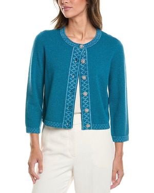 St. John 3/4-Sleeve Crew Wool-Blend Cardigan - Blue