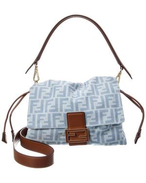 Fendi Mamma Baguette Medium Ff Denim & Leather Shoulder Bag - Blue