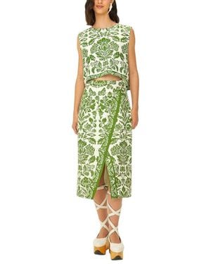 FARM Rio Linen-Blend Delicate Tapestry Midi Skirt - Green