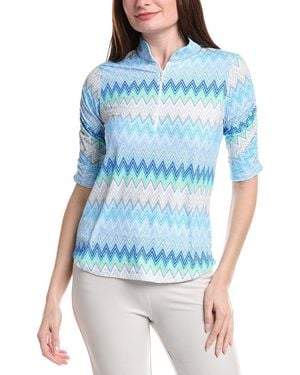 IBKUL Ruched Elbow Sleeve Mandarin Collar Top - Blue