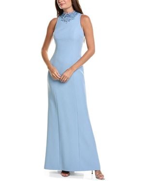 Teri Jon Crepe Funnel Beaded Neck Column Gown - Blue