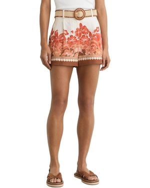 Reiss Samira Linen Floral Print Belted Short - Orange