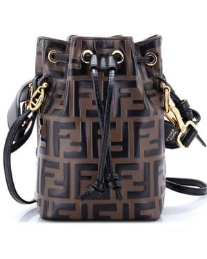 Fendi Zucca Embossed Leather Mon Tresor Bucket Bag Mini (Authentic Pre- Loved) - Black