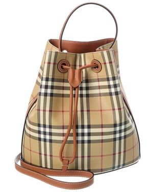 Burberry Check E-Canvas & Leather Bucket Bag - Brown