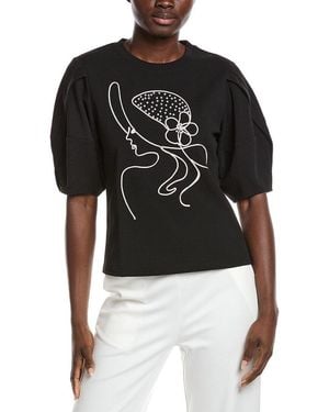 Gracia Abstract Face Embroidered Puff Sleeve Top - Black