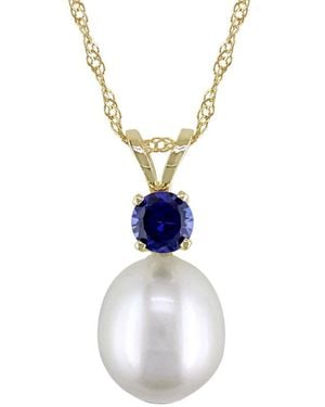 Pearls 14K 0.30 Ct. Sapphire & 8-8.5Mm Freshwater Pearl Necklace - White