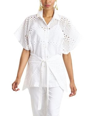 Natori Round Eyelet Kimono Wrap Shirt - White