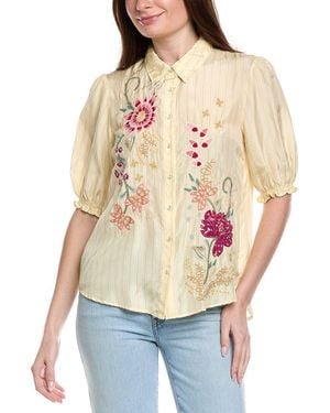 Johnny Was Smocked Lisbon Silk Shirt - Natural