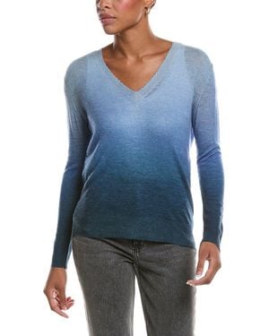 Autumn Cashmere Ombre Print Distressed Edge V-Neck Cashmere Sweater - Blue