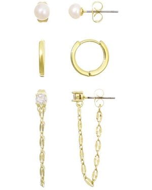 Adornia 3Pc 14K Plated Freshwater Pearl, Huggie, And Drop Chain Earring Set - White