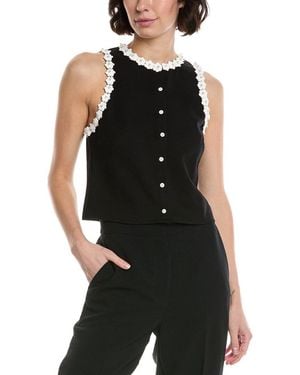 Cece Crochet Floral Trim Button-Down Top - Black
