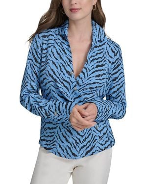 Halston Printed Faux Wrap Blouse - Blue