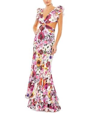 Mac Duggal Floral Print Ruffle Shoulder Cutt Out Gown - Red