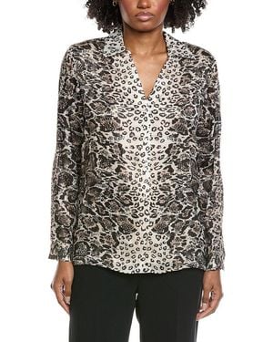 Tahari Collar Deep V-Neck Silk-Blend Blouse - Grey