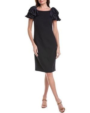 Teri Jon Crepe Boatneck Satin Ruffle Shoulder Dress - Black