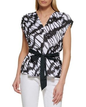 DKNY Printed Cap Sleeve V-Neck Top - Black