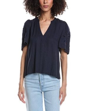 Splendid Cayden Embroidered Flutter Linen-Blend Top - Blue