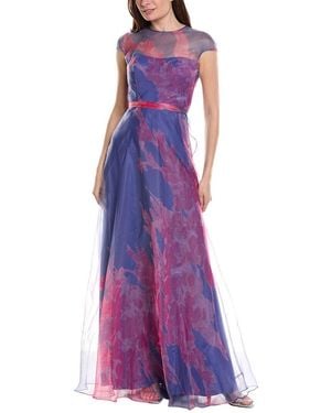 Rene Ruiz Cap Sleeve Sheer Overlay Floral Gown - Purple