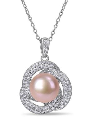 Pearls Silver 10.5 -11mm Freshwater Pearl & Cz Pendant Necklace - White