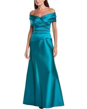 Teri Jon Stretch Mikado Off-Shoulder Ruched Waist Dress - Blue