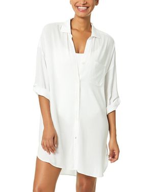 Anne Cole Mid Length Shirttail Button Down Top - White