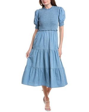 Sail To Sable Puff Sleeve Smocked Midi Dress - Blue