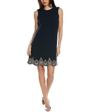 Oscar de la Renta Sleeveless Crystal Scallop Embellished Silk-Lined Wool-Blend Shift Dress - Blue