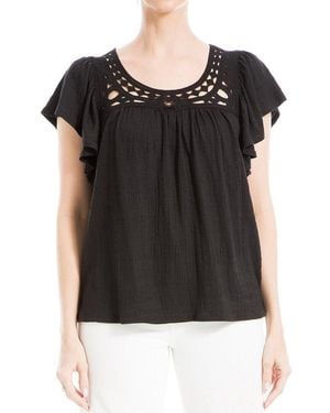 Max Studio Flutter Sleeve Embroidered Top - Black