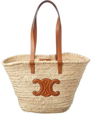 Celine Triomphe Medium Raffia & Leather Basket Tote - Natural