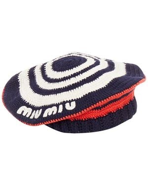 Miu Miu Logo Applique Striped Crochet Knit Beret Hat (Authentic Pre-Loved) - Blue