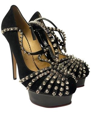 Charlotte Olympia Suede Angry Portia Studded Platform Pump, Never Worn (Authentic Pre-Loved) - Black