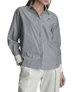 DKNY 1989 Logo Contrast Cuff Striped Button-Down Shirt - Gray