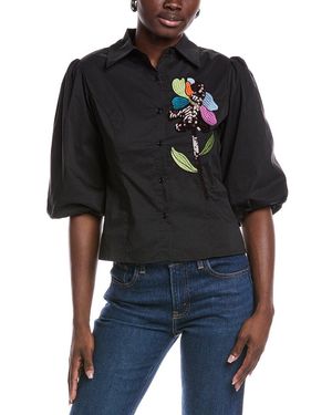 Gracia Sequin Embroidery Flower Shirt - Black