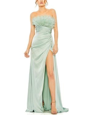 Mac Duggal Strapless Feather Detail Satin Gown - Green