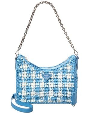 Prada Logo Plaque Raffia & Leather Hobo Bag - Blue