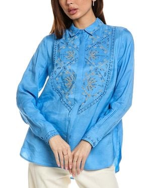 Kobi Halperin Genevieve Embroidered Linen-Blend Blouse - Blue
